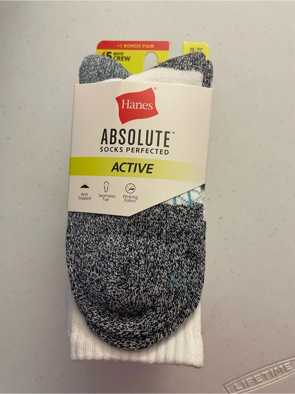 Hanes Absolute Active Boys Crew Socks - White & Heather Gray with Blue Accent